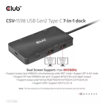 Club3D dokkolóállomás USB-C 7v1, 2xDP, 2xUSB-C, 2xUSB, 2xUSB, 1xRJ45, fekete