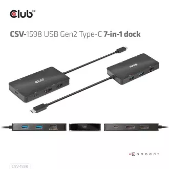 Club3D dokkolóállomás USB-C 7v1, 2xDP, 2xUSB-C, 2xUSB, 2xUSB, 1xRJ45, fekete