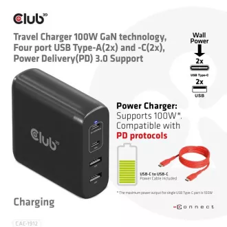 Club3D utazási töltő 100W GAN technológiával, 2xUSB-A és 2xUSB-C, PD 3.0 támogatással