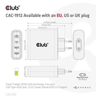 Club3D utazási töltő 100W GAN technológiával, 2xUSB-A és 2xUSB-C, PD 3.0 támogatással