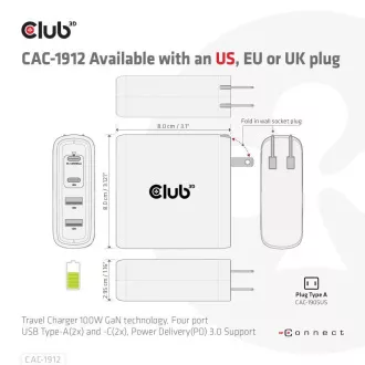 Club3D utazási töltő 100W GAN technológiával, 2xUSB-A és 2xUSB-C, PD 3.0 támogatással