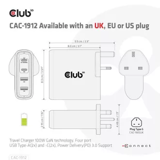 Club3D utazási töltő 100W GAN technológiával, 2xUSB-A és 2xUSB-C, PD 3.0 támogatással