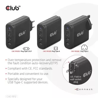 Club3D utazási töltő 100W GAN technológiával, 2xUSB-A és 2xUSB-C, PD 3.0 támogatással