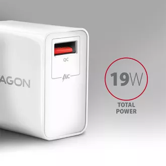 AXAGON ACU-QC19W, QC hálózati töltő 19W, 1x USB-A port, QC3.0/AFC/FCP/SMART, fehér színű