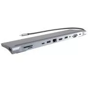 PREMIUMCORD dokkolóállomás USB-C 10in1, 1xHDMI, 1xVGA, 2xUSB-C, 3xUSB, 1xRJ45, SD kártyaolvasó, szürke színű