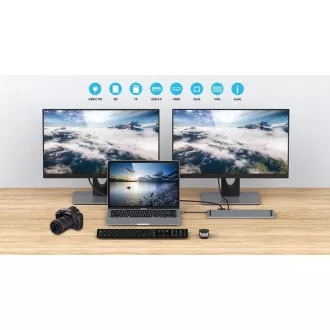 PREMIUMCORD dokkolóállomás USB-C 10in1, 1xHDMI, 1xVGA, 2xUSB-C, 3xUSB, 1xRJ45, SD kártyaolvasó, szürke színű
