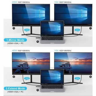 PREMIUMCORD dokkolóállomás USB-C 10in1, 1xHDMI, 1xVGA, 2xUSB-C, 3xUSB, 1xRJ45, SD kártyaolvasó, szürke színű