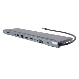 PREMIUMCORD dokkolóállomás USB-C 10in1, 1xHDMI, 1xVGA, 2xUSB-C, 3xUSB, 1xRJ45, SD kártyaolvasó, szürke színű