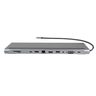 PREMIUMCORD dokkolóállomás USB-C 10in1, 1xHDMI, 1xVGA, 2xUSB-C, 3xUSB, 1xRJ45, SD kártyaolvasó, szürke színű