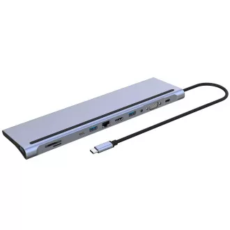 PREMIUMCORD dokkolóállomás USB-C 10in1, 1xHDMI, 1xVGA, 2xUSB-C, 3xUSB, 1xRJ45, SD kártyaolvasó, szürke színű