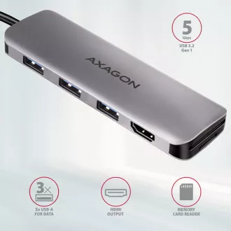 AXAGON HMC-HCR3A, USB 3.2 Gen 1 hub, 3x USB-A port, HDMI 4k/30Hz, SD/microSD, USB-C kábel 20cm
