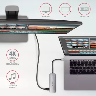 AXAGON HMC-HCR3A, USB 3.2 Gen 1 hub, 3x USB-A port, HDMI 4k/30Hz, SD/microSD, USB-C kábel 20cm