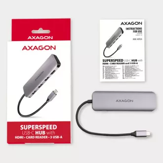 AXAGON HMC-HCR3A, USB 3.2 Gen 1 hub, 3x USB-A port, HDMI 4k/30Hz, SD/microSD, USB-C kábel 20cm