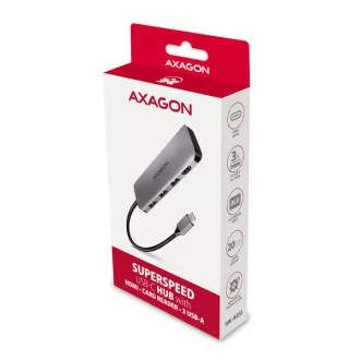 AXAGON HMC-HCR3A, USB 3.2 Gen 1 hub, 3x USB-A port, HDMI 4k/30Hz, SD/microSD, USB-C kábel 20cm