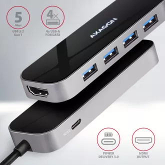 AXAGON HMC-6H4A, USB 3.2 Gen 1 hub, 4x USB-A port, HDMI 4k/30Hz, PD 100W, USB-C kábel 20cm