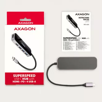 AXAGON HMC-6H4A, USB 3.2 Gen 1 hub, 4x USB-A port, HDMI 4k/30Hz, PD 100W, USB-C kábel 20cm