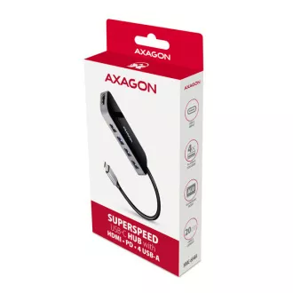 AXAGON HMC-6H4A, USB 3.2 Gen 1 hub, 4x USB-A port, HDMI 4k/30Hz, PD 100W, USB-C kábel 20cm