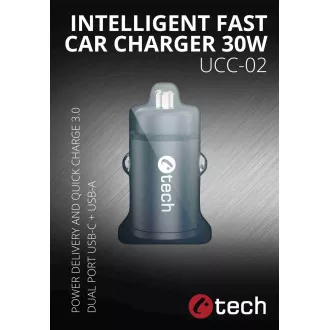 C-TECH USB autós töltő UCC-02, 1x C típus   1 x A típus, 30W