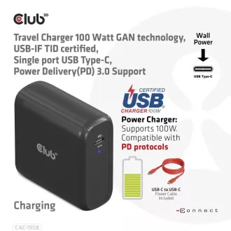 Club3D utazási töltő 100W GAN technológia, USB-IF TID tanúsítvánnyal, USB Type-C, Power Delivery(PD) 3.0 támogatással