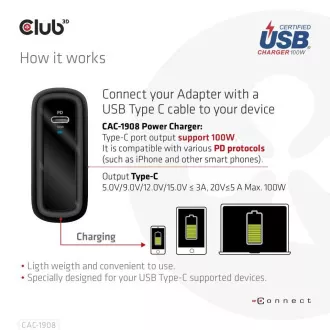 Club3D utazási töltő 100W GAN technológia, USB-IF TID tanúsítvánnyal, USB Type-C, Power Delivery(PD) 3.0 támogatással