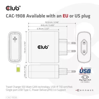 Club3D utazási töltő 100W GAN technológia, USB-IF TID tanúsítvánnyal, USB Type-C, Power Delivery(PD) 3.0 támogatással
