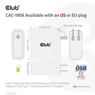 Club3D utazási töltő 100W GAN technológia, USB-IF TID tanúsítvánnyal, USB Type-C, Power Delivery(PD) 3.0 támogatással