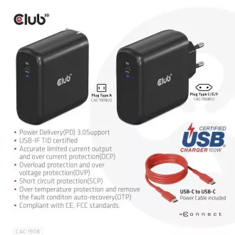 Club3D utazási töltő 100W GAN technológia, USB-IF TID tanúsítvánnyal, USB Type-C, Power Delivery(PD) 3.0 támogatással