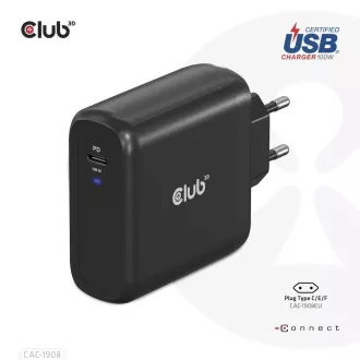 Club3D utazási töltő 100W GAN technológia, USB-IF TID tanúsítvánnyal, USB Type-C, Power Delivery(PD) 3.0 támogatással