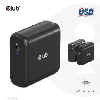 Club3D utazási töltő 100W GAN technológia, USB-IF TID tanúsítvánnyal, USB Type-C, Power Delivery(PD) 3.0 támogatással
