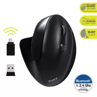 PORT függőleges vezeték nélküli ergonomikus egér, BT, 2, 4 GHz, USB-A/C, jobbkezes, fekete