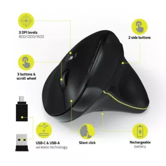 PORT függőleges vezeték nélküli ergonomikus egér, BT, 2, 4 GHz, USB-A/C, jobbkezes, fekete