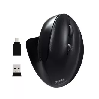 PORT függőleges vezeték nélküli ergonomikus egér, BT, 2, 4 GHz, USB-A/C, jobbkezes, fekete
