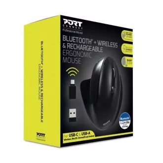 PORT függőleges vezeték nélküli ergonomikus egér, BT, 2, 4 GHz, USB-A/C, jobbkezes, fekete