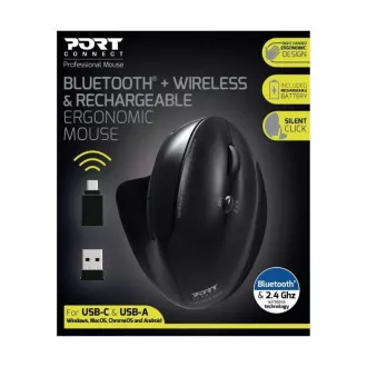 PORT függőleges vezeték nélküli ergonomikus egér, BT, 2, 4 GHz, USB-A/C, jobbkezes, fekete