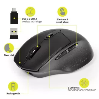 PORT újratölthető egér kettős vezeték nélküli csatlakozással, BT, 2, 4 GHz, USB-A/C, fekete