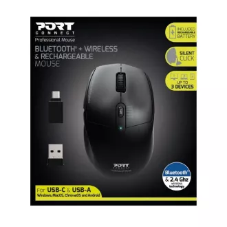 PORT újratölthető egér kettős vezeték nélküli csatlakozással, BT, 2, 4 GHz, USB-A/C, fekete