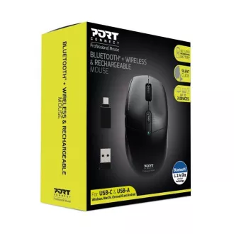PORT újratölthető egér kettős vezeték nélküli csatlakozással, BT, 2, 4 GHz, USB-A/C, fekete