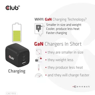 Club3D utazási töltő 65W GAN technológia, 3 port (2xUSB-C   USB-A), PPS, Power Delivery(PD) 3.0 támogatással