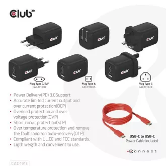 Club3D utazási töltő 65W GAN technológia, 3 port (2xUSB-C   USB-A), PPS, Power Delivery(PD) 3.0 támogatással