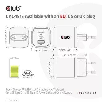 Club3D utazási töltő 65W GAN technológia, 3 port (2xUSB-C   USB-A), PPS, Power Delivery(PD) 3.0 támogatással
