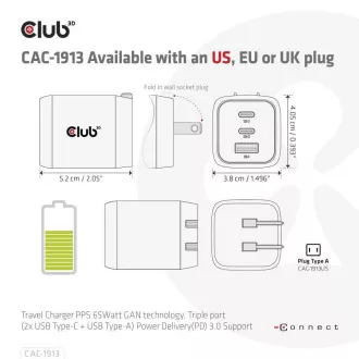 Club3D utazási töltő 65W GAN technológia, 3 port (2xUSB-C   USB-A), PPS, Power Delivery(PD) 3.0 támogatással
