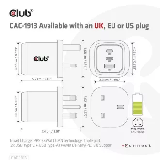 Club3D utazási töltő 65W GAN technológia, 3 port (2xUSB-C   USB-A), PPS, Power Delivery(PD) 3.0 támogatással