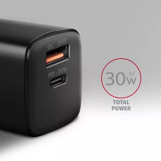AXAGON ACU-PQ30, Teljesítménytöltő 30W, 2x port (USB-A   USB-C), PD3.0/PPS/QC4 /SFC/AFC/Apple, fekete színű
