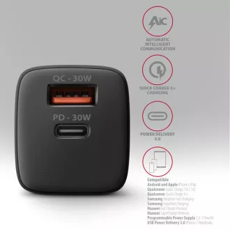AXAGON ACU-PQ30, Teljesítménytöltő 30W, 2x port (USB-A   USB-C), PD3.0/PPS/QC4 /SFC/AFC/Apple, fekete színű