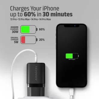 AXAGON ACU-PQ30, Teljesítménytöltő 30W, 2x port (USB-A   USB-C), PD3.0/PPS/QC4 /SFC/AFC/Apple, fekete színű