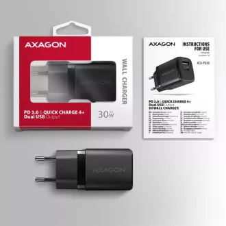 AXAGON ACU-PQ30, Teljesítménytöltő 30W, 2x port (USB-A   USB-C), PD3.0/PPS/QC4 /SFC/AFC/Apple, fekete színű