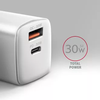 AXAGON ACU-PQ30W, Teljesítménytöltő 30W, 2x port (USB-A   USB-C), PD3.0/PPS/QC4 /SFC/AFC/Apple, fehér színben