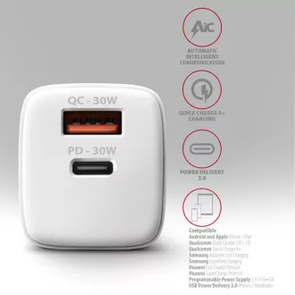AXAGON ACU-PQ30W, Teljesítménytöltő 30W, 2x port (USB-A   USB-C), PD3.0/PPS/QC4 /SFC/AFC/Apple, fehér színben