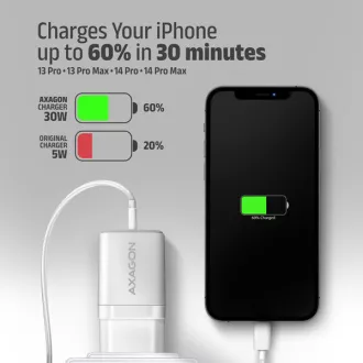 AXAGON ACU-PQ30W, Teljesítménytöltő 30W, 2x port (USB-A   USB-C), PD3.0/PPS/QC4 /SFC/AFC/Apple, fehér színben