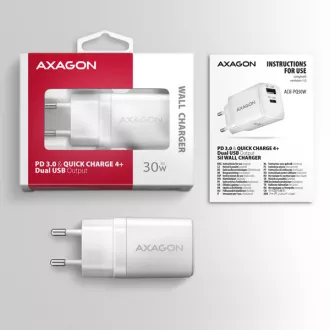 AXAGON ACU-PQ30W, Teljesítménytöltő 30W, 2x port (USB-A   USB-C), PD3.0/PPS/QC4 /SFC/AFC/Apple, fehér színben